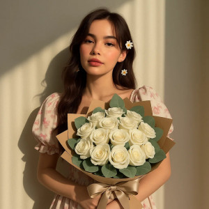Букет 15 белых роз с эвкалиптом и упаковкой